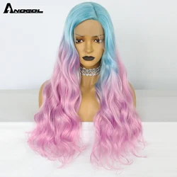 ANOGOL Pink Gradient  Ombre Blue Lace Front Wig Natural Long Body Wave Heat Resistant Synthetic Hair Party Wigs for Black Women