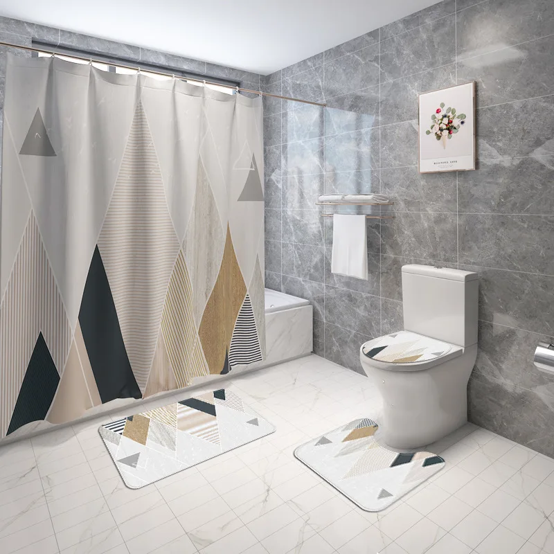 Zeegle Polyester Waterproof Shower Curtain and Bath Mat Set Absorbent Toilet Mat Non-slip Floor Carpet Rug Bathroom Carpet Rug