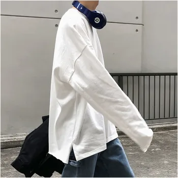 

New autumn/winter 2019 solid color cotton long-sleeve T-shirt loose casual round collar fashion personality youth men's wear