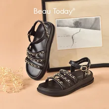 Sandali BeauToday Platform donna pelle di mucca cinturino stretto catena in metallo cinturino alla caviglia Designer Beach scarpe Casual da donna 34510