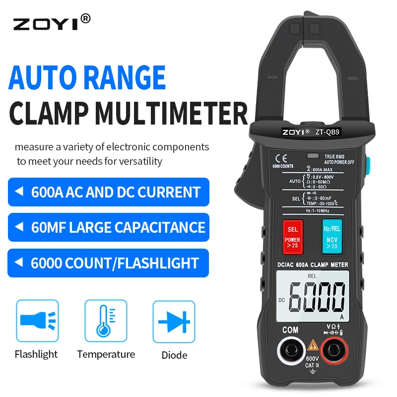 ZOYI цифровой токоизмерительный зажим 600A AC/DC умные плоскогубцы Амперметр 6000