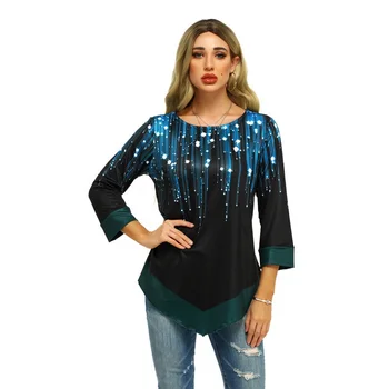 

Fireworks Printed Long Sleeve T Shirt Top Women's 2020 New Design Streetwear T-Shirts Female Spring Irregular Hem 3D Print Tees