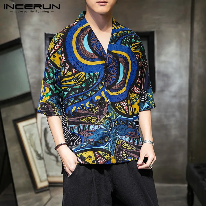 

Men Vintage Shirt Cotton Breathable Blouse Casual Half Sleeve Camisa V Neck Chinese Style Printed Shirts Streetwear Tops S-3XL