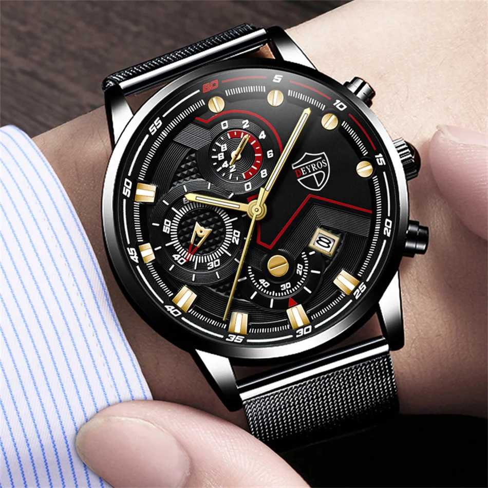 часы мужские Luxury Mens Quartz Stainless Steel Mesh Belt Casual Watches Men Leather Business Date Luminous Watch reloj hombre