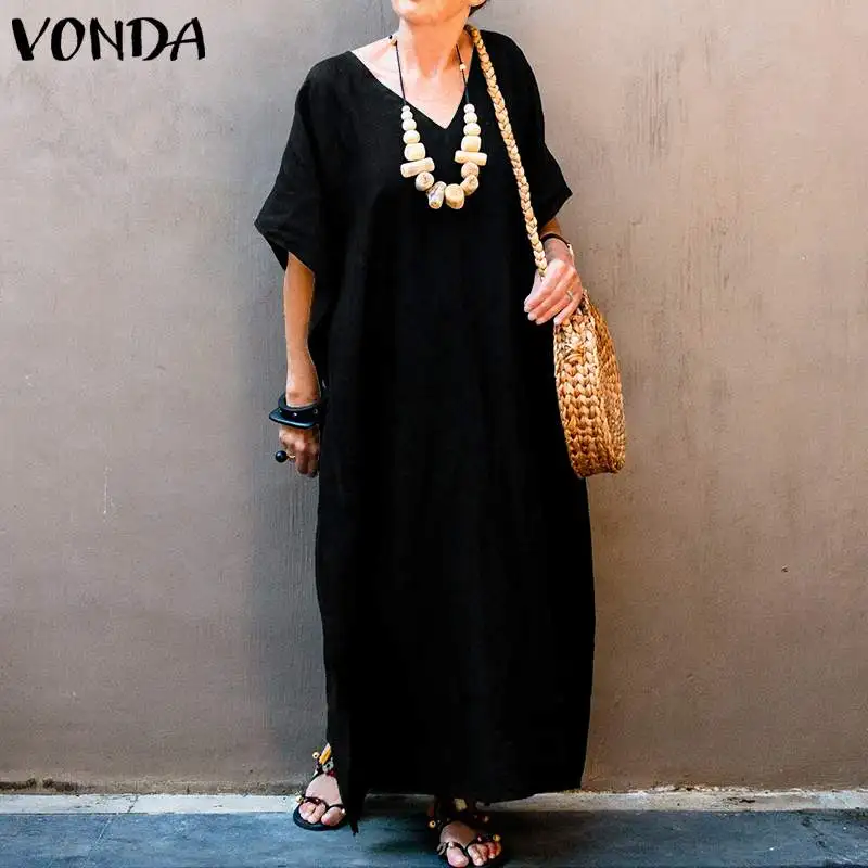 VONDA модное платье 5XL повседневные однотонные макси длинные платья женские свободные пляжный сарафан с круглым вырезом летние вечерние платья негабаритных размеров