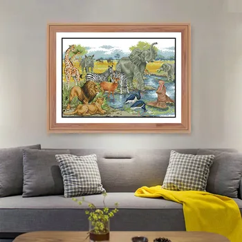 

Animal World Cross Stitch Kit 14ct and 11ct Elephant Lion Giraffe Zebra Print Needle Embroidery DIY Manual Home Decoration Paint