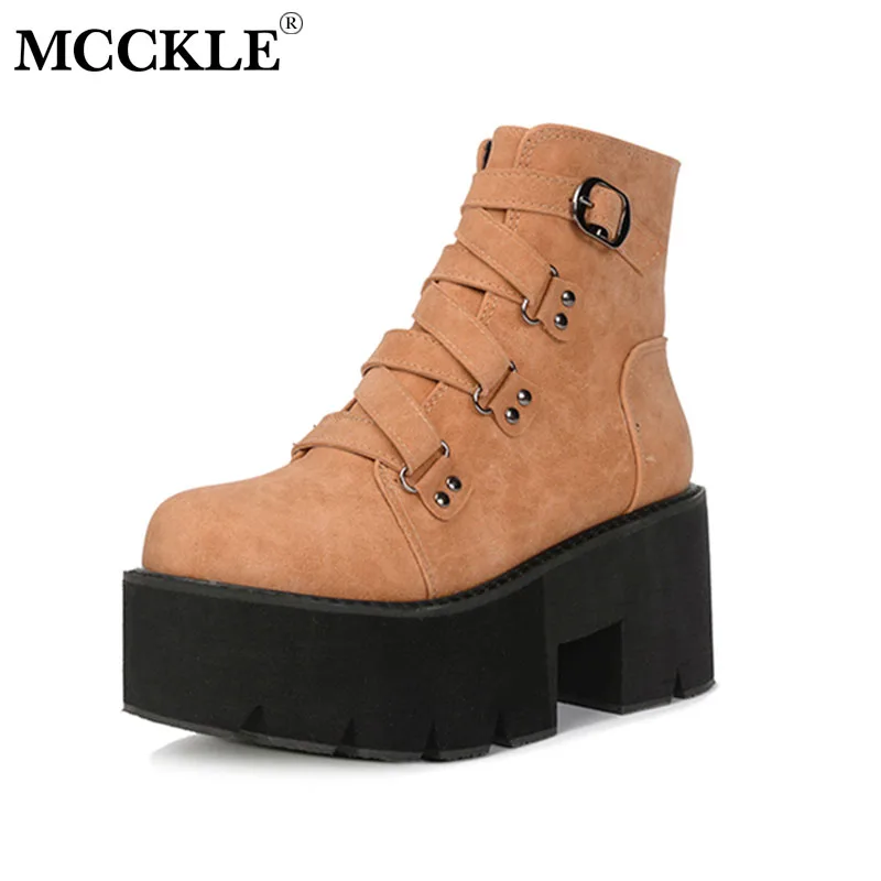 

MCCKLE New Women Autumn Flat Platform Ankle Boots Female Buckle Punk Motorcycle Boot Thick Bottom Ladies Fashion Suede Shoes