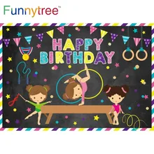 

Funnytree Happy Birthday Backdrop Bunting Stars Dots Sport Gymnastics Custom Poster Birthday Photography Background Banner