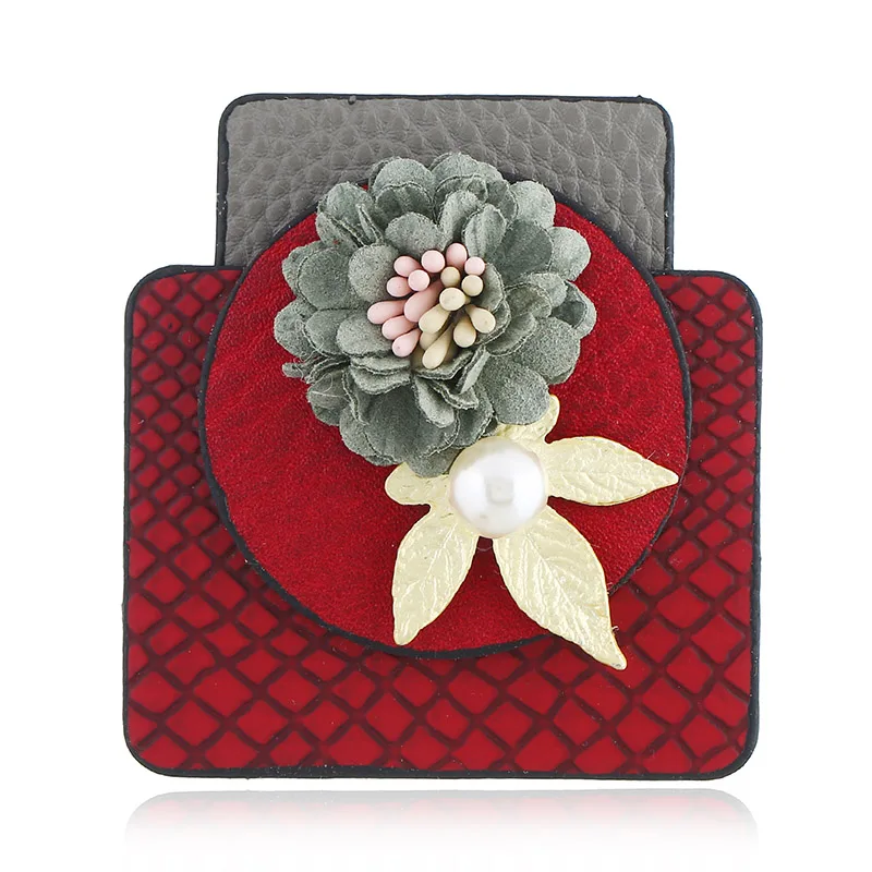 Statement Creative Round Square Geometric Red Leather Brooches For Women Handmade Fabric Flower Large Brooch Pearl Pins Gifts | Украшения и