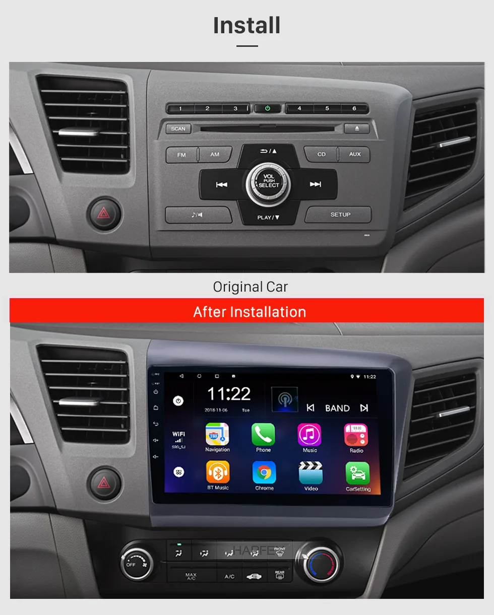Best Harfey 10.1"Android 8.1/9.0 Car multimedia Player GPS Navigation for 2012 Honda Civic Bluetooth HDMulti-touch Capacitive Screen 1
