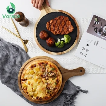 

Wooden Round Natural Slate Western Dinner Plate Tray with Handle Pizza Sushi Dish Household Steak Plates Restaurant Serving Tray