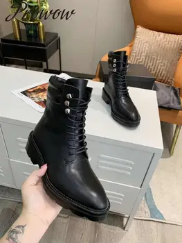 

Ollymurs Autumn Winter Genuine Leather Pointed Toe Lace Up Ankle Boots Thick Heel Cutout Low Heel Boots Shoes Women