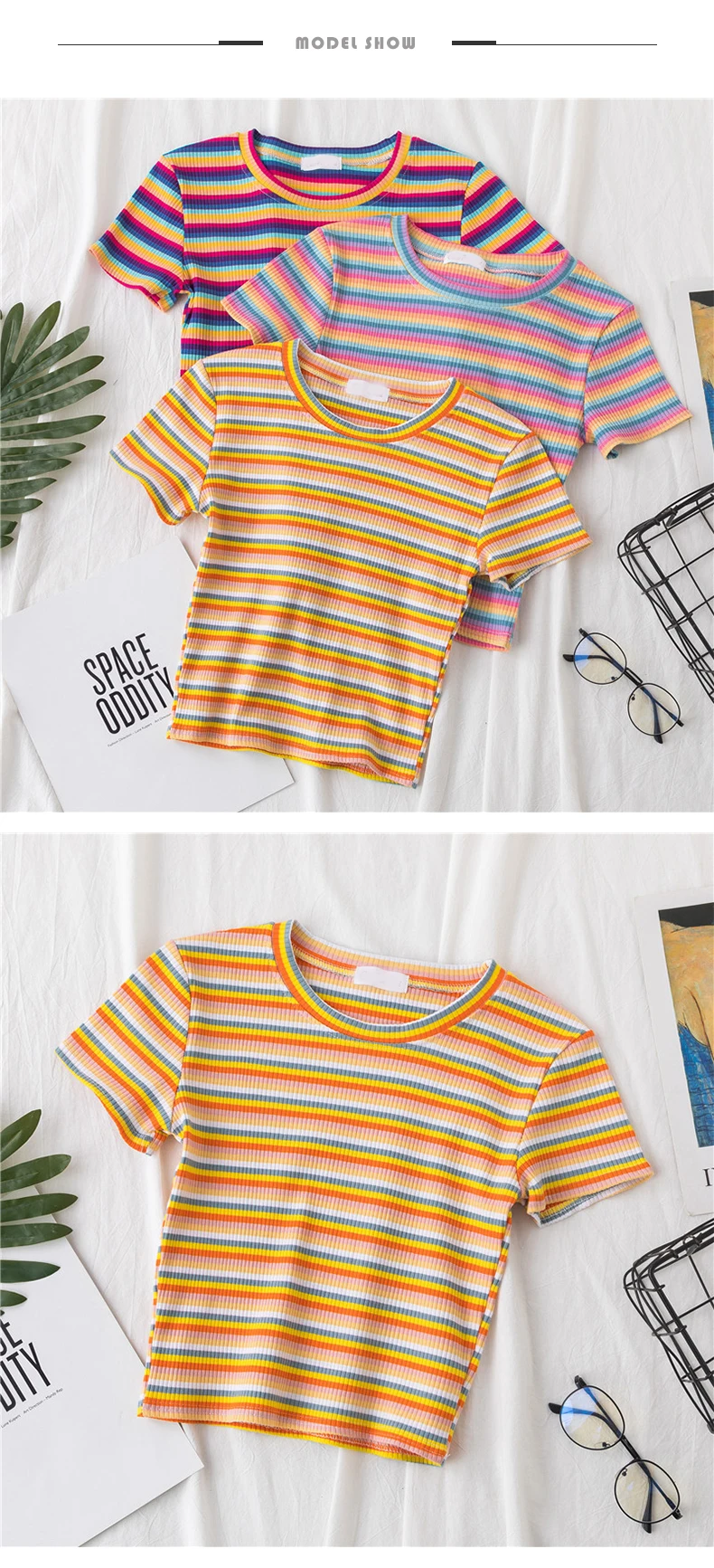 T-Shirt Women cotton Rainbow Striped Tops Harajuku Tshirt Summer Short Sleeve Navel Skinny stitching Korean Punk crop top woman