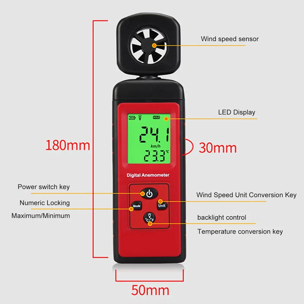 Digital Anemometer Thermometer Portable Wind Air Speed Gauge Meter Windmeter Measuring Temperature Tester