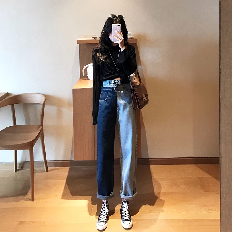 Джинсы женские с высокой талией джинсовые универсальные корейский стиль Карманы длиной до щиколотки брюки корейский стиль женские прямые