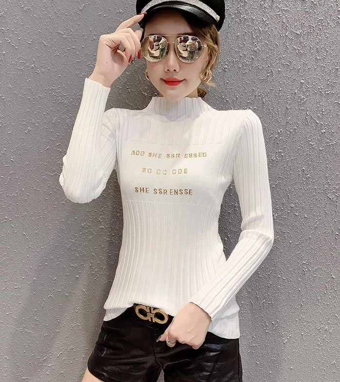 White sweater Модные футболки с буквами и водолазка; свитер Новая Осенняя женская зимняя одежда Топ Sueter сужающаяся к талии футболка M99205 - Цвет: White sweater