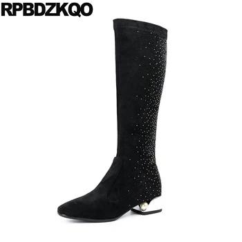

pearl rhinestone black suede slim thigh women boots brand shoes over the knee crystal chunky square toe metal diamond sexy high