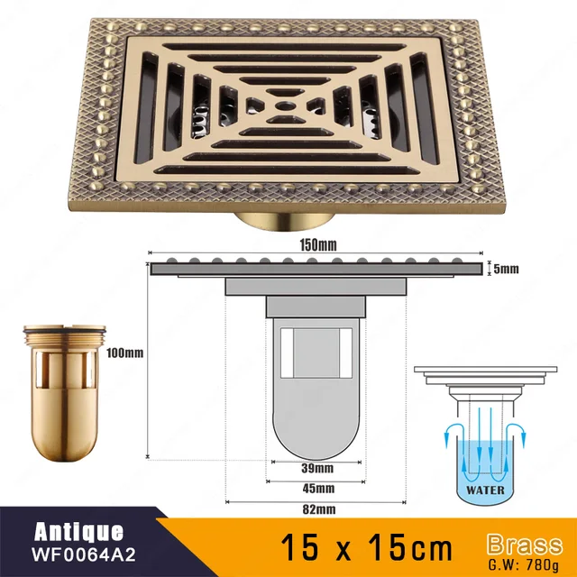 15 x 15 Square Bathroom Shower Drain Floor Drain Trap Waste Grate Antique Brass Grid Drain D