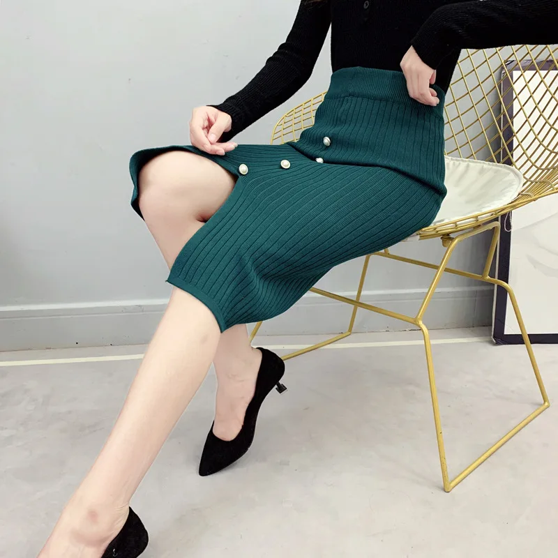 Мода женщин диких сплошной цвет Кнопка щелевая Bodycon Юбка тонкая Повседневная Высокая талия юбка