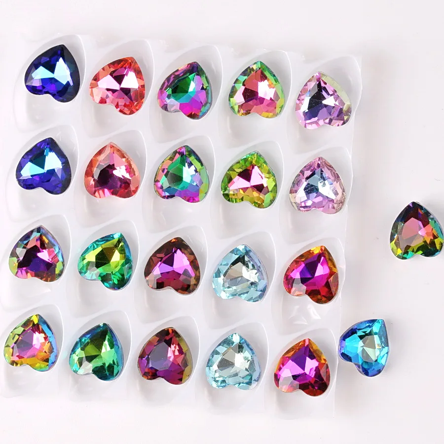 Glaskristall 10mm 20 Stück Herzform Regenbogen & Jelly Candy AB Farben Spitze Rückseite zum Aufkleben Strassperlen Applikation DIY Verzierung