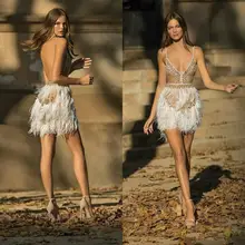 Сексуальные короткие платья для выпускного вечера Иллюзия спагетти расшитое бисером вечерние платья расшитые кристаллами перья дизайн платья для вечеринки с открытой спиной