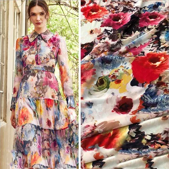 

100x150cm Digital Painting Ink Flowers Transparent Thin Chiffon Fabric For Woman Long Dress Blouse DIY Sewing ткань ткани