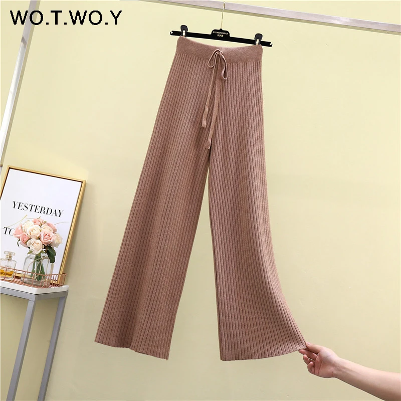 SP19236Khaki WOTWOY осень зима Базовые Трикотажные Широкие брюки женские повседневные ребристые женские брюки с эластичной талией прямые женские брюки - Цвет: SP19236Khaki