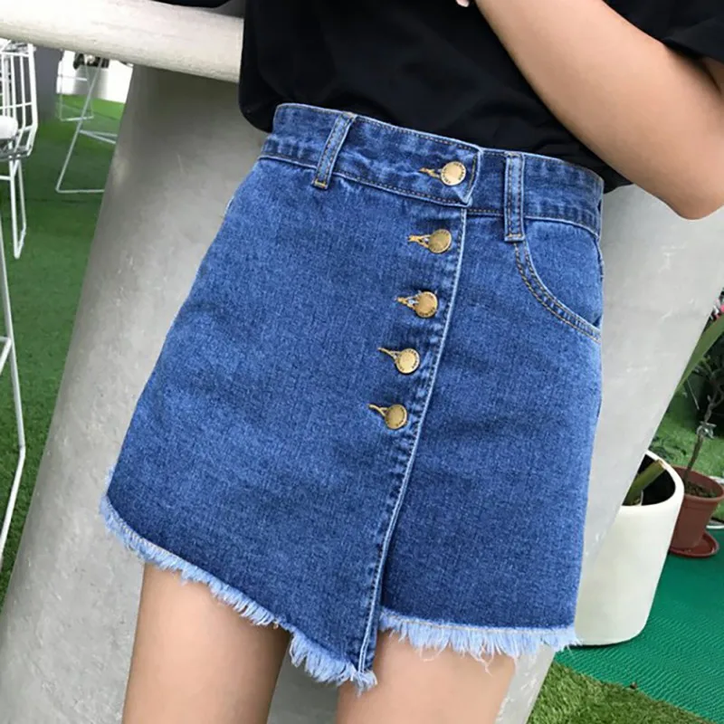 Женская Корейская Повседневная Высокая талия трапециевидной формы Необработанный подол на пуговицах летают джинсовые нестандартные шорты юбка