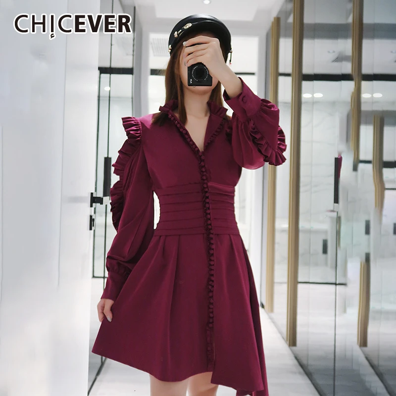 CHICEVER элегантные женские платья с рюшами фонарь длинный рукав высокая талия