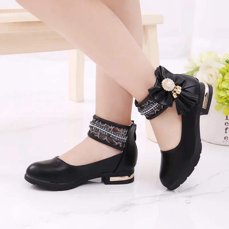 Spring New Princess Tassel Bow Children Girl Wedding Shoes For Big Kids High Heel Leather Shoes Size 3 4 5 6 7 8 9 10 11 12 13