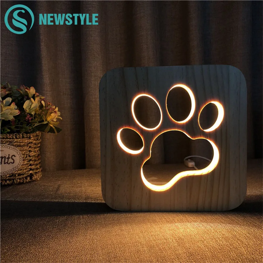 

3D LED Night Lamp Wooden Dog Paw Cat Animal Night Light USB Powered Desk Lights For Baby Christmas New Year Gift