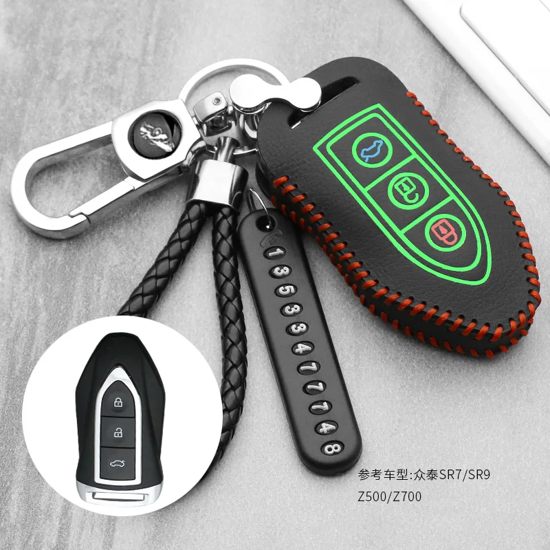 

Luminous leather car key fob cover case protect skin set hood for zotye t600 t700 remote keyless keychain keyring holder