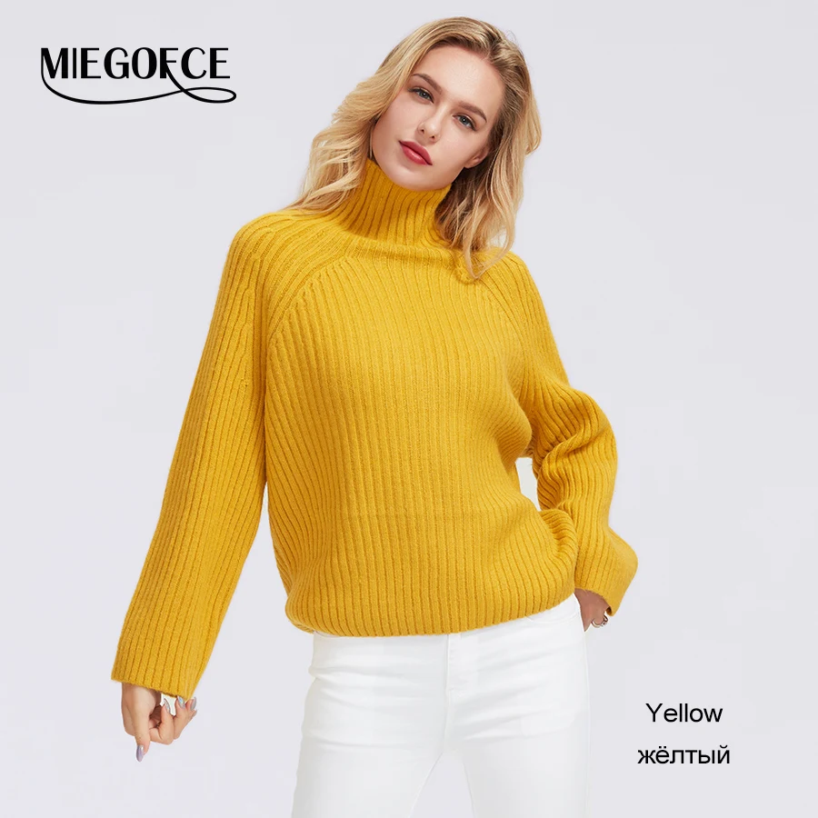 Miegofce women's winter autumn semi-sweater women's high collar sweaters female knitted solid color polyester sweater - Цвет: 804-Yellow