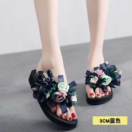3cm-heel-blue Новинка года; женские шлепанцы; Вьетнамки; женские сандалии; женская пляжная обувь с цветком; модная Уличная обувь на плоской подошве; шлепанцы с цветочным узором на высоком каблуке 5 см - Цвет: 3cm-heel-blue