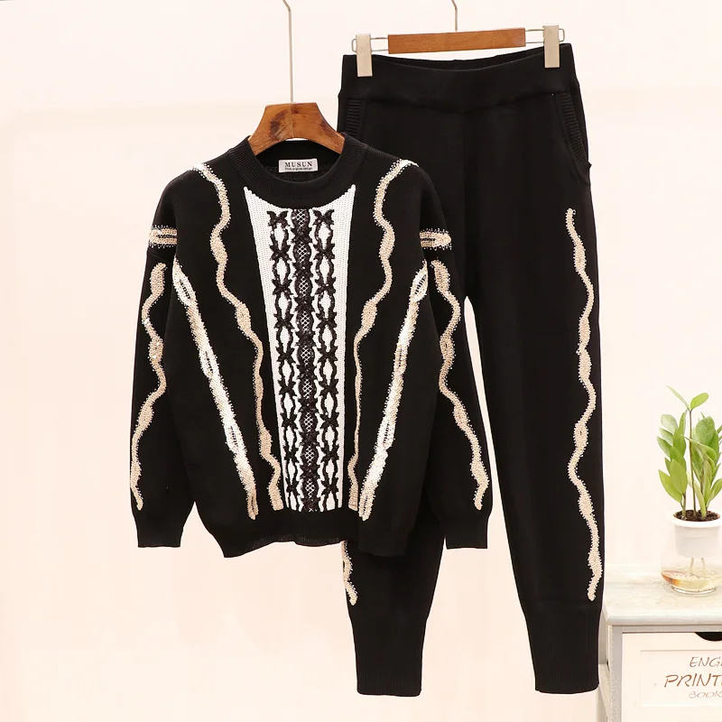 

Fashion Black Gray Sports Knitted Tracksuit Women Loose Casual Outfits Sequins Wave Pattern Sweater Pants Two Piece Set Female