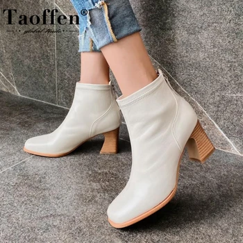 

Taoffen Women Ankle Boots Real Leather Shoes Women Square Heel Shoes Winter Warm Boots Women Fashion Zipper Footwear Size 34-39