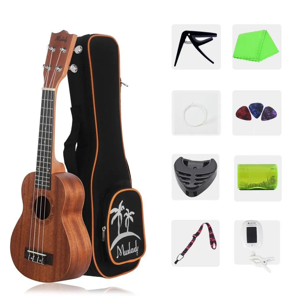

21 Inch Soprano Ukulele Ukelele Mahogany Wood with Carry Bag Uke Strap Strings Clip-on Tuner Cleaning Cloth Finger Maraca Picks