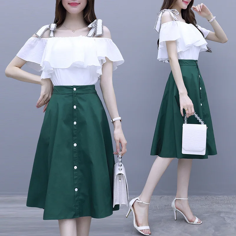 

2019 Summer New Style Korean-style Flounced Punching Bag Tops + Mid-length Skirt Two-Piece Set