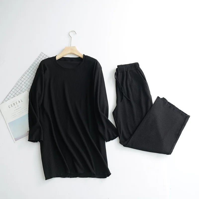Black stripe Осенне-зимние новые хлопковые пижамные костюмы с длинными рукавами, свободные домашние костюмы в полоску, комплект из двух предметов со штанами, пижамы, женские пижамы, одежда для сна - Цвет: Black stripe