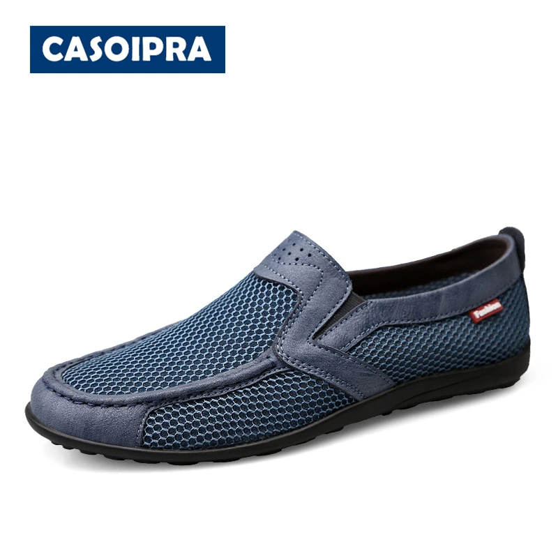 

CASOIPRA Men Slip On Loafers Moccasins 2020 Summer Breathable Driving Shoes Men Mesh Casual Shoes Genuine Leather Flats Shoes