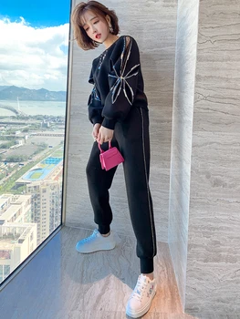 

Sleeve mesh sequined loose sweater + beam pants casual suit women's 2020 autumn and winter new