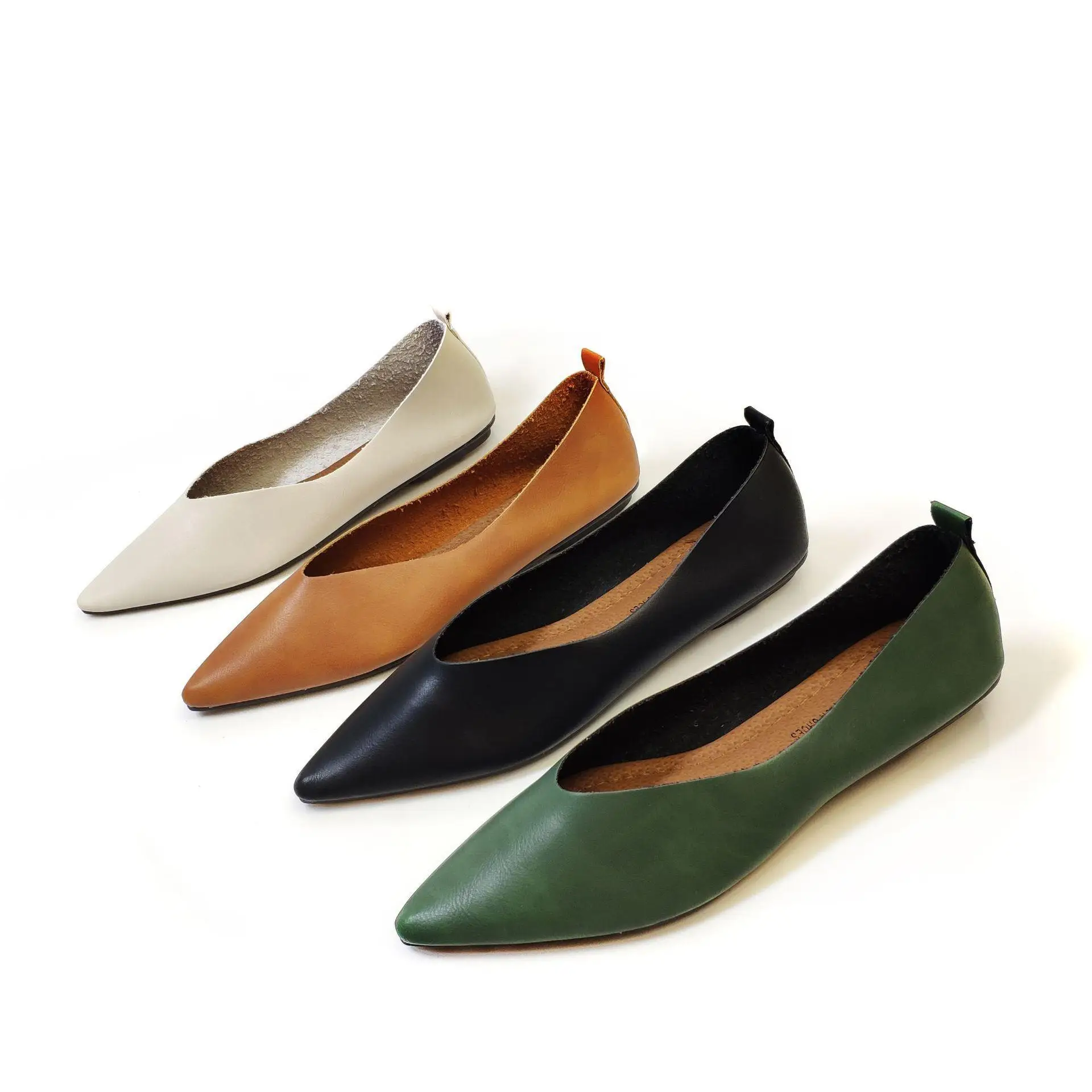 33 Autumn Flat Single Shoes Genuine Leather Woman Flats Retro Pointed Shallow Mouth Female Large Size 43 44 | Обувь