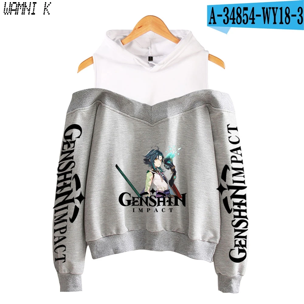 Genshin Impact Crop Shoulder hoodies womens Sweatshirts Pullover Off-shoulder Harajuku girl's hooded fashion Tracksuit Oversized 22