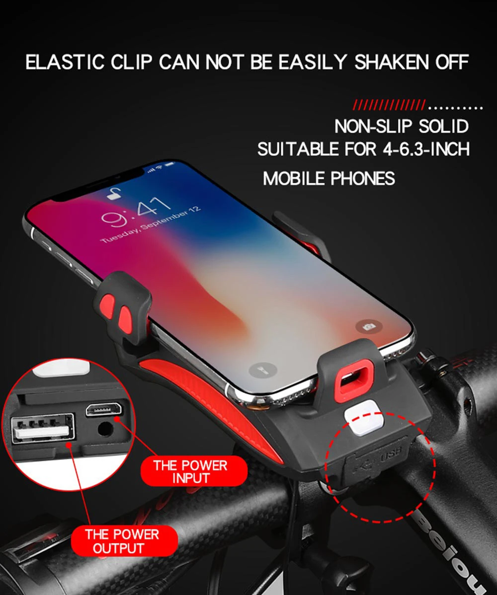 3 In 1 Bike Light USB Highlight Bicycle Phone Holder Light Cycling Horn Led Light Power Bank Mobile Phone Bracket Rechargeable