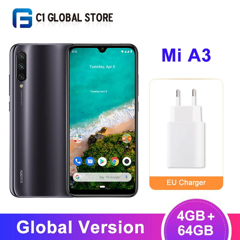 Глобальная версия Xiaomi mi A3, 4 Гб ОЗУ, 64 Гб ПЗУ, смартфон mi A3 Snapdragon 665, четыре ядра, 48мп, камера AI, 6,088 дюймов, ALMOED, 4030 мАч