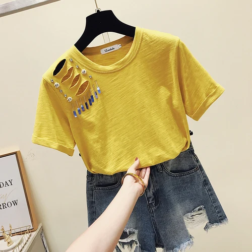Новинка, Женская свободная футболка в Корейском стиле, 2XL, женские футболки с дырками, топы для студентов, футболка с короткими рукавами, топы, одежда - Цвет: yellow