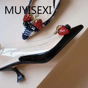 

Slingback summer crystal strawberry bowtie high heels pointed toe slip on elegant women fashion shallow pumps THN09 MUYISEXI