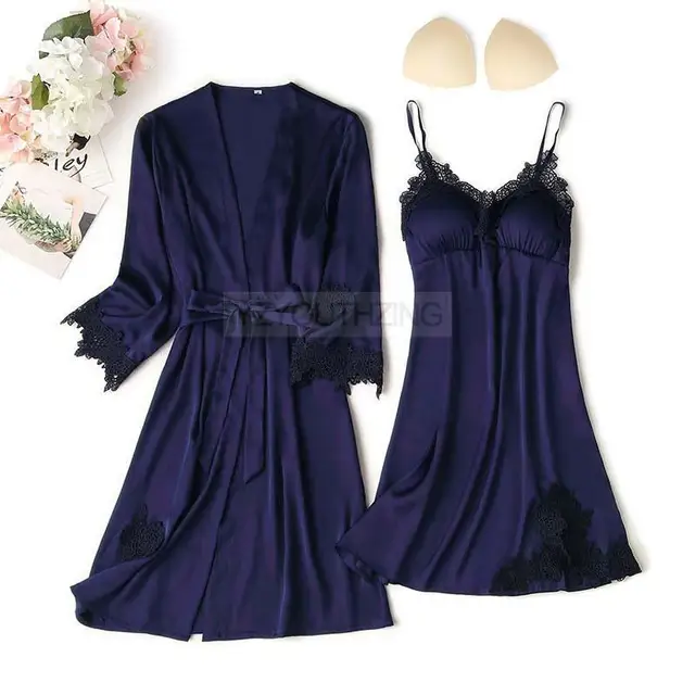 Pajama Set Women Lace Trim Satin Sleepwear Pyjamas Pour Femme Summer Nightwear With Pants Casual Home Wear Kimono Robe Gown PJS Navy Blue C