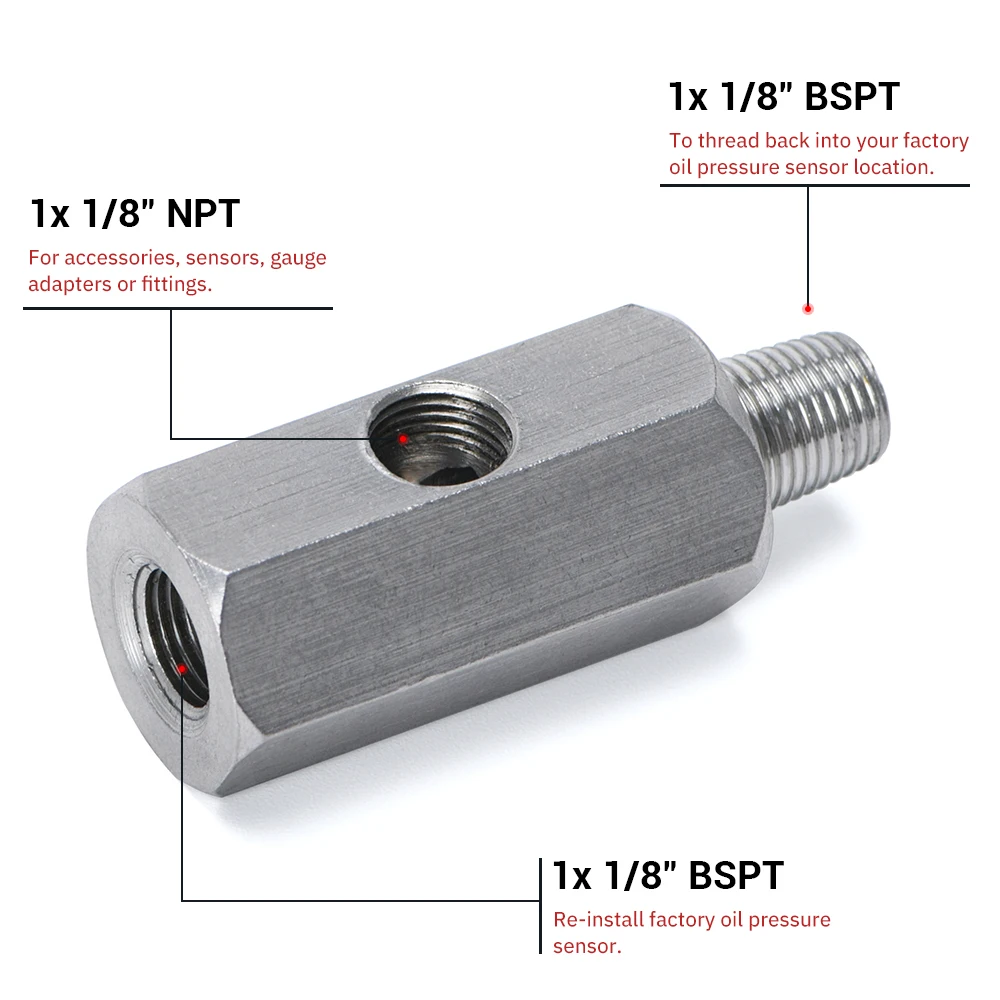 Oil Pressure Sensor Connector Stainless Steel 1/8'' BSPT Tee Adapter to 1/8 NPT Gauge T-Piece