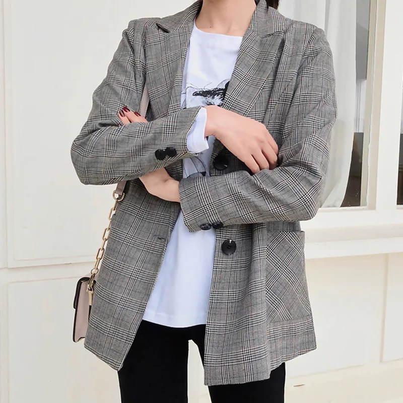 Осень клетчатый блейзер с вырезом куртка женская Однобортный Blazers с карманами пальто Для женщин Офисные женские туфли повседневные пальто для женщин